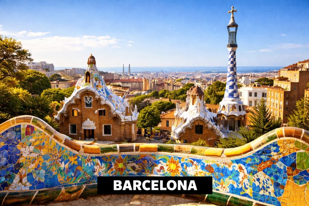 Barcelona, Spain travel destination - Gaudí architecture, Mediterranean beaches, tapas bars, and late-night plazas.
